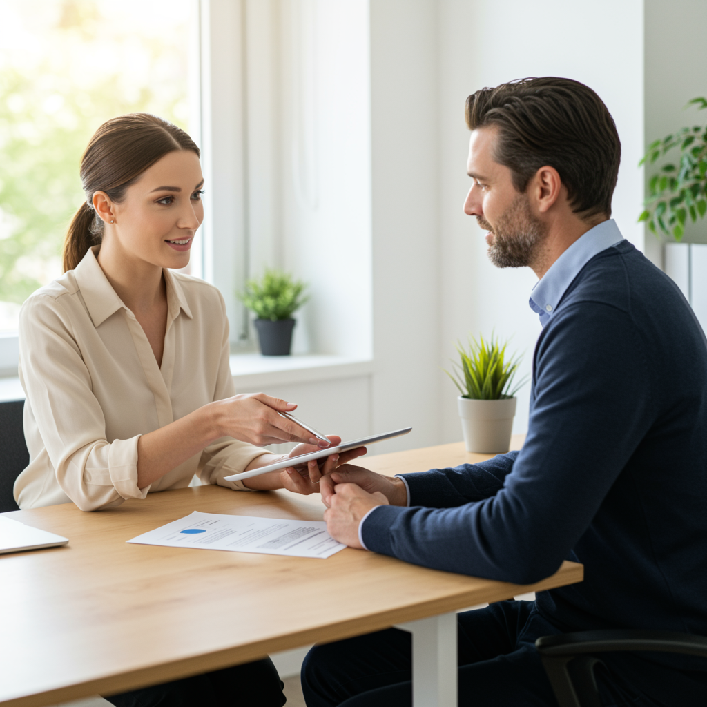 A friendly health insurance agent discussing plans with a client in a bright, modern office.