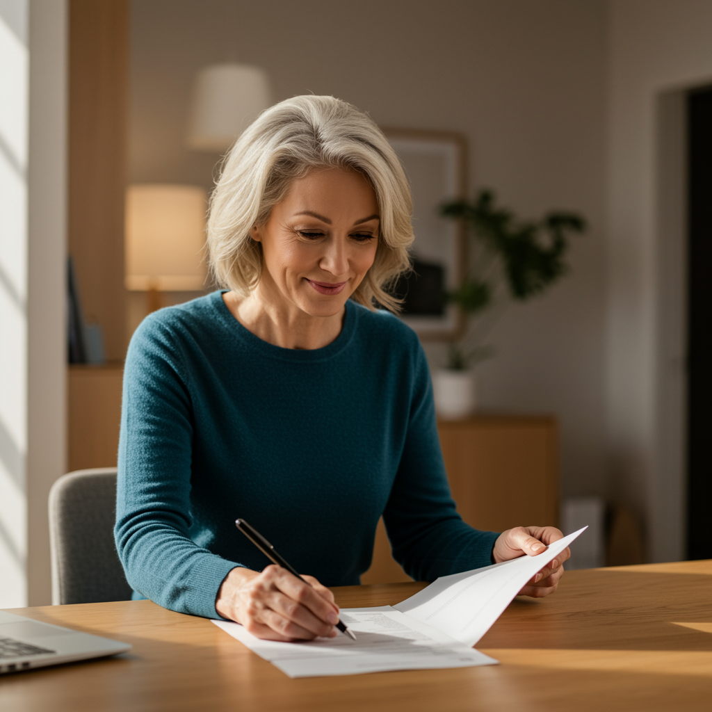 A smiling middle-aged woman reviewing documents at a sunlit desk.