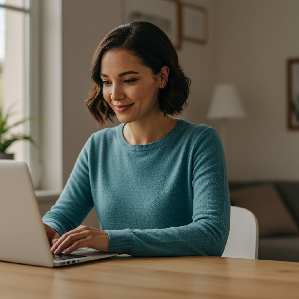 A woman sits at a desk, smiling as she looks at her laptop screen, considering her options.