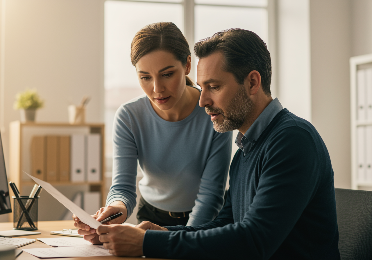 An insurance agent reviewing policy documents with a client in a bright office.