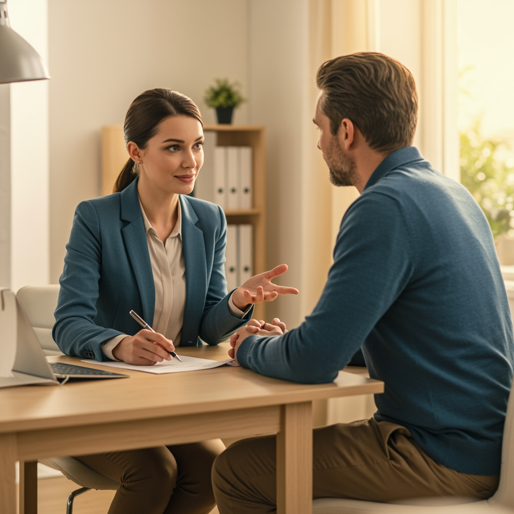 Two adults having a positive discussion in a modern, bright office space.